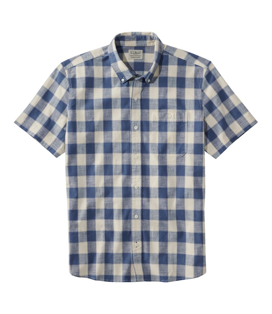 L.L.Bean On Sale | Men's Comfort Stretch® Chambray Shirt, Slightly Fitted Untucked Fit, Short-Sleeve, Plaid