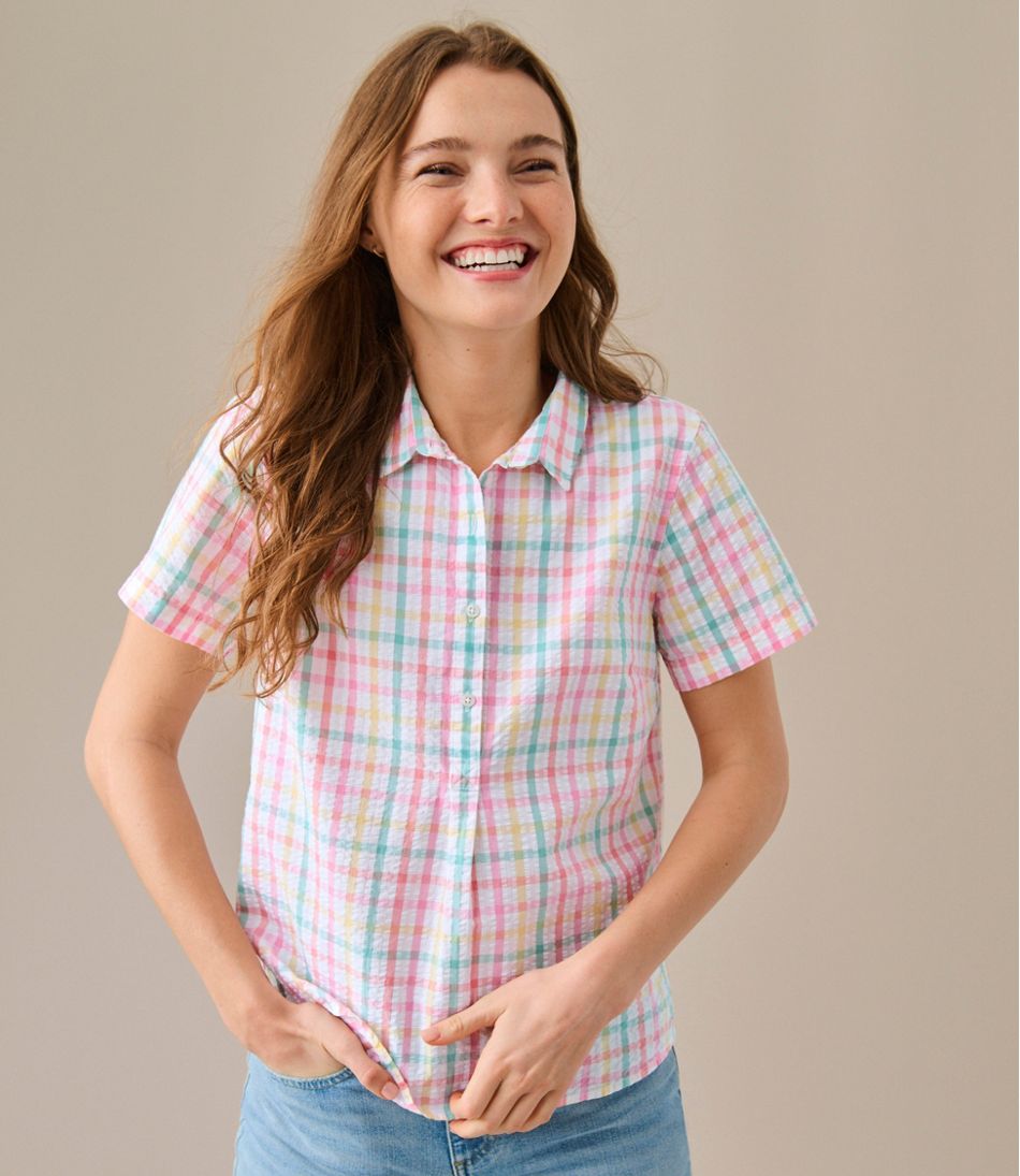 L.L.Bean On Sale | Women's Vacationland Seersucker Shirt, Short-Sleeve Popover Plaid