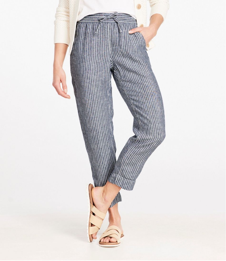 L.L.Bean For Sale | Women's Premium Linen Pull-On Ankle Pants, Mid-Rise Tapered-Leg Stripe