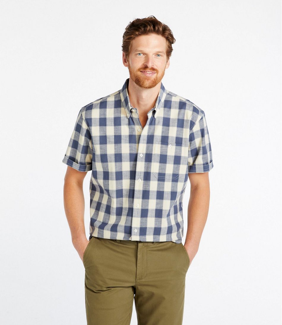 L.L.Bean On Sale | Men's Comfort Stretch® Chambray Shirt, Traditional Untucked Fit, Short-Sleeve, Plaid